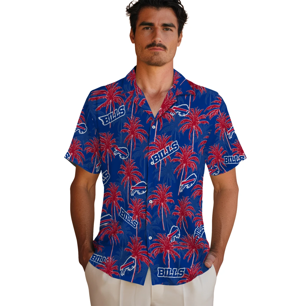 Buffalo Bills Hawaiian Shirt - Palm Tree Motif buffalo bills palm grove blue hawaiian shirts fashion forward