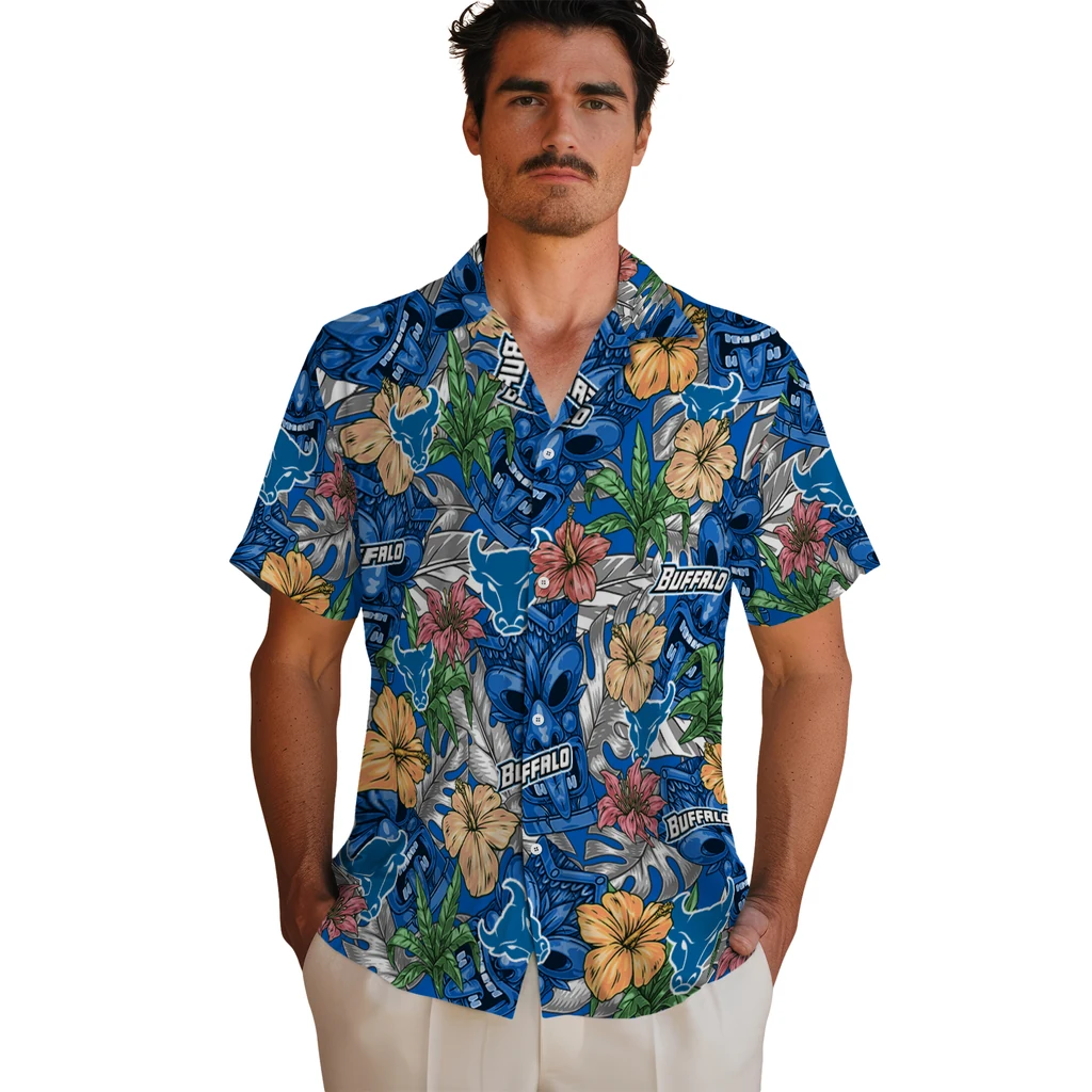 Buffalo Bulls Hawaiian Shirt - Hibiscus Tiki Jungle buffalo bulls tiki jungle royal blue hawaiian shirts fashion forward