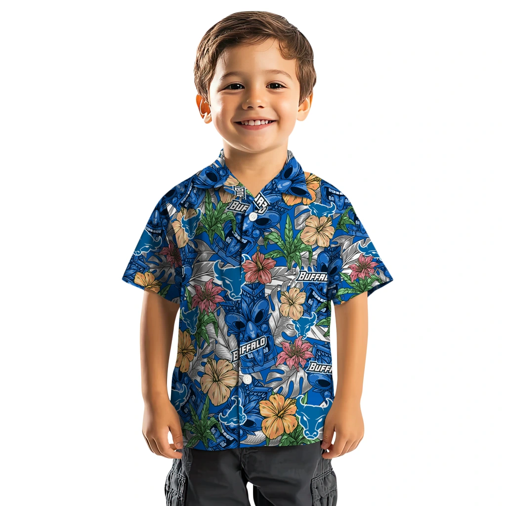 Buffalo Bulls Hawaiian Shirt - Hibiscus Tiki Jungle buffalo bulls tiki jungle royal blue hawaiian shirts top rated