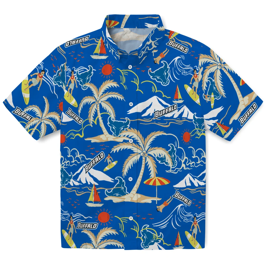 Buffalo Bulls Hawaiian Shirt - Palm Tree Island buffalo bulls palm tree island royal blue hawaiian shirts best selling