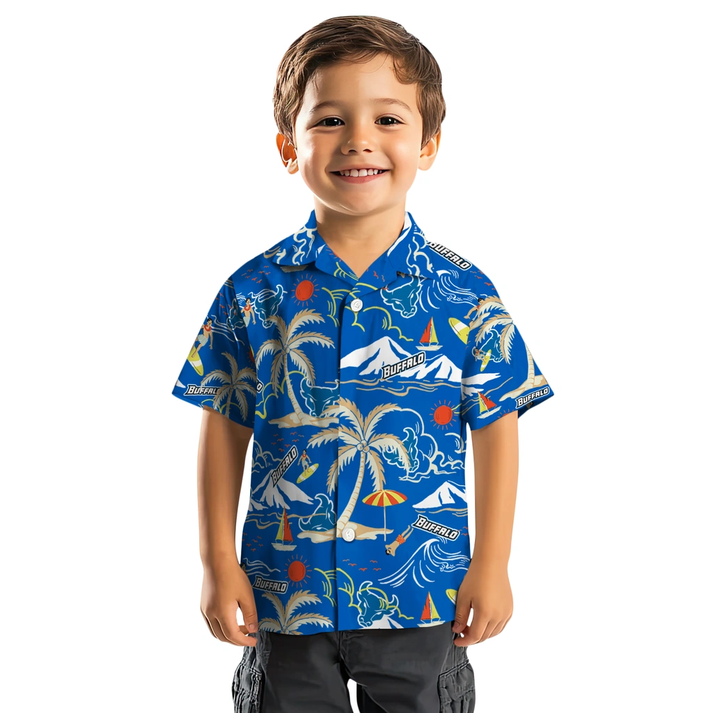 Buffalo Bulls Hawaiian Shirt - Palm Tree Island buffalo bulls palm tree island royal blue hawaiian shirts top rated