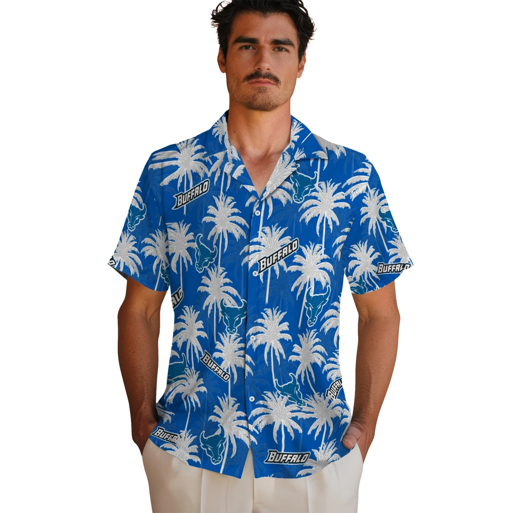 Buffalo Bulls Hawaiian Shirt - Palm Tree Motif buffalo bulls palm grove royal blue hawaiian shirts fashion forward