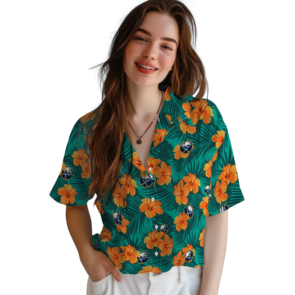 Buffalo Sabres Hawaiian Shirt - Hibiscus and Palm Leaves buffalo sabres hibiscus escape green hawaiian shirts latest model