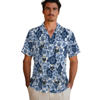 buffalo sabres hibiscus blooms navy blue hawaiian shirts fashion forward