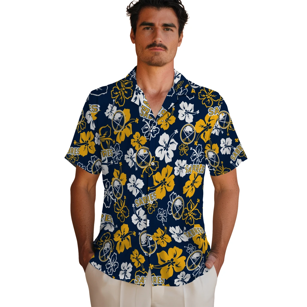 Buffalo Sabres Hawaiian Shirt - Hibiscus Flower Design buffalo sabres hibiscus bloom navy blue hawaiian shirts fashion forward