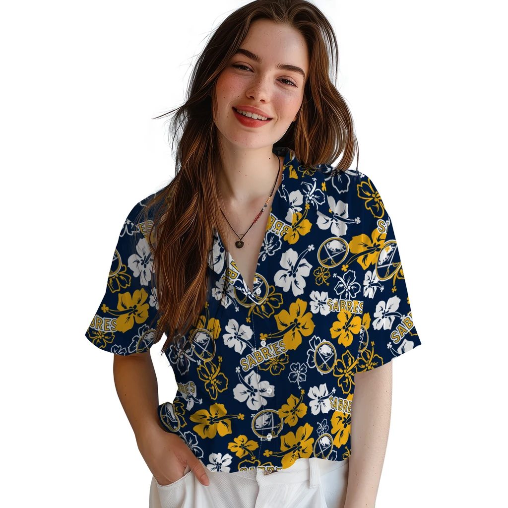Buffalo Sabres Hawaiian Shirt - Hibiscus Flower Design buffalo sabres hibiscus bloom navy blue hawaiian shirts latest model