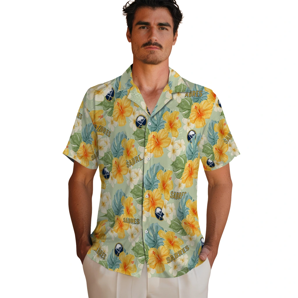 Buffalo Sabres Hawaiian Shirt - Hibiscus Mood buffalo sabres hibiscus mood pale lime yellow hawaiian shirts fashion forward
