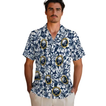 buffalo sabres hibiscus motif navy blue white hawaiian shirts fashion forward