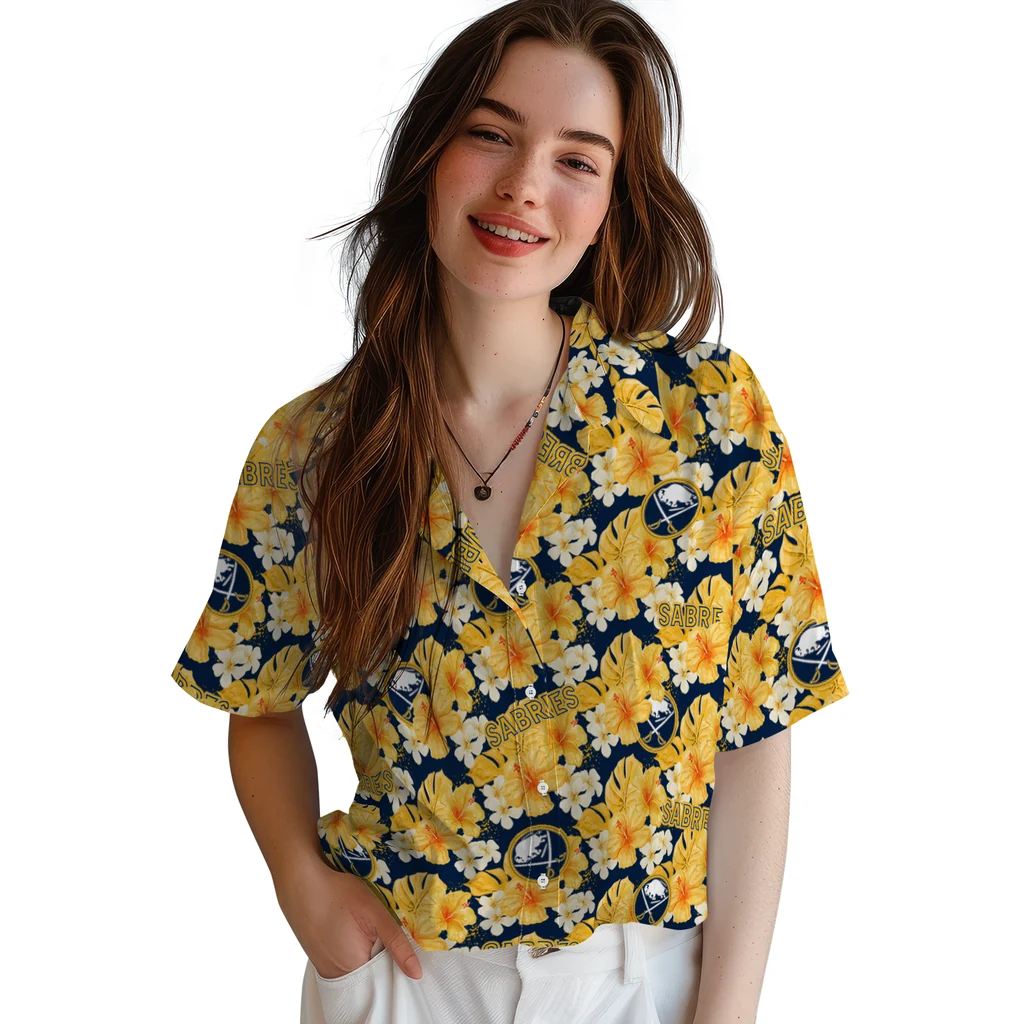 Buffalo Sabres Hawaiian Shirt - Hibiscus Tropics buffalo sabres hibiscus tropics navy blue yellow hawaiian shirts latest model