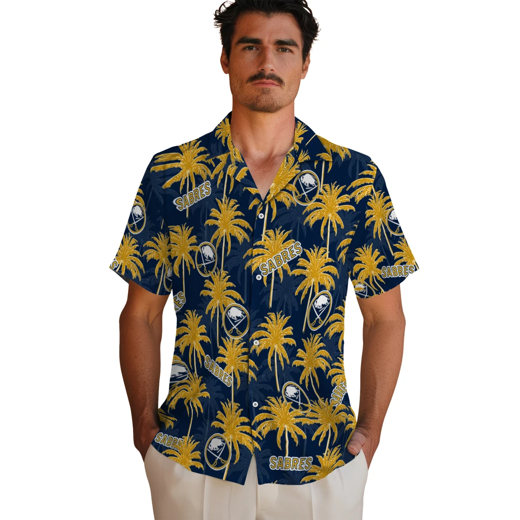 Buffalo Sabres Hawaiian Shirt - Palm Tree Motif buffalo sabres palm grove navy blue hawaiian shirts fashion forward