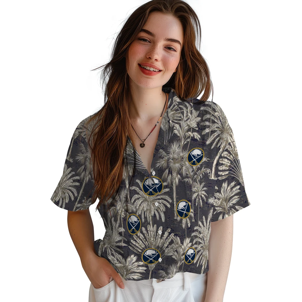 Buffalo Sabres Hawaiian Shirt - Vintage Palm Tree buffalo sabres palm shadows navy blue hawaiian shirts latest model
