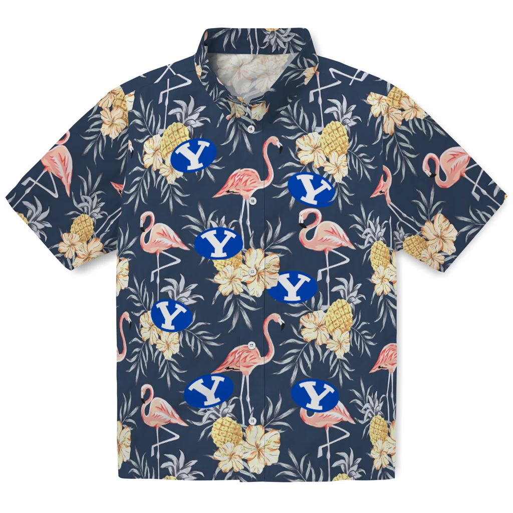 BYU Cougars Hawaiian Shirt - Flamingo Hibiscus byu cougars flamingo hibiscus navy hawaiian shirts best selling
