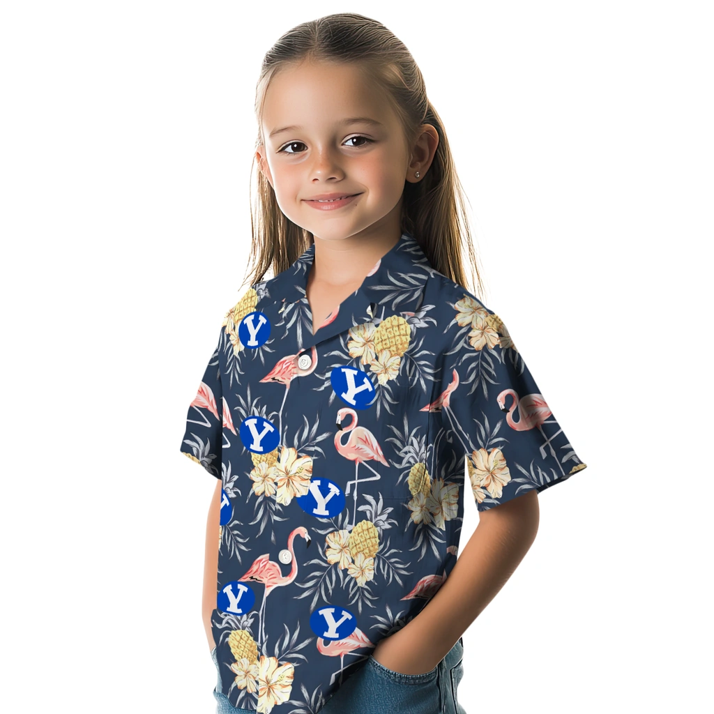 BYU Cougars Hawaiian Shirt - Flamingo Hibiscus byu cougars flamingo hibiscus navy hawaiian shirts premium grade