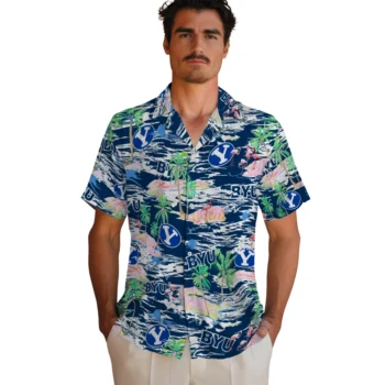byu cougars flamingo retreat blue hawaiian shirts fashion forward