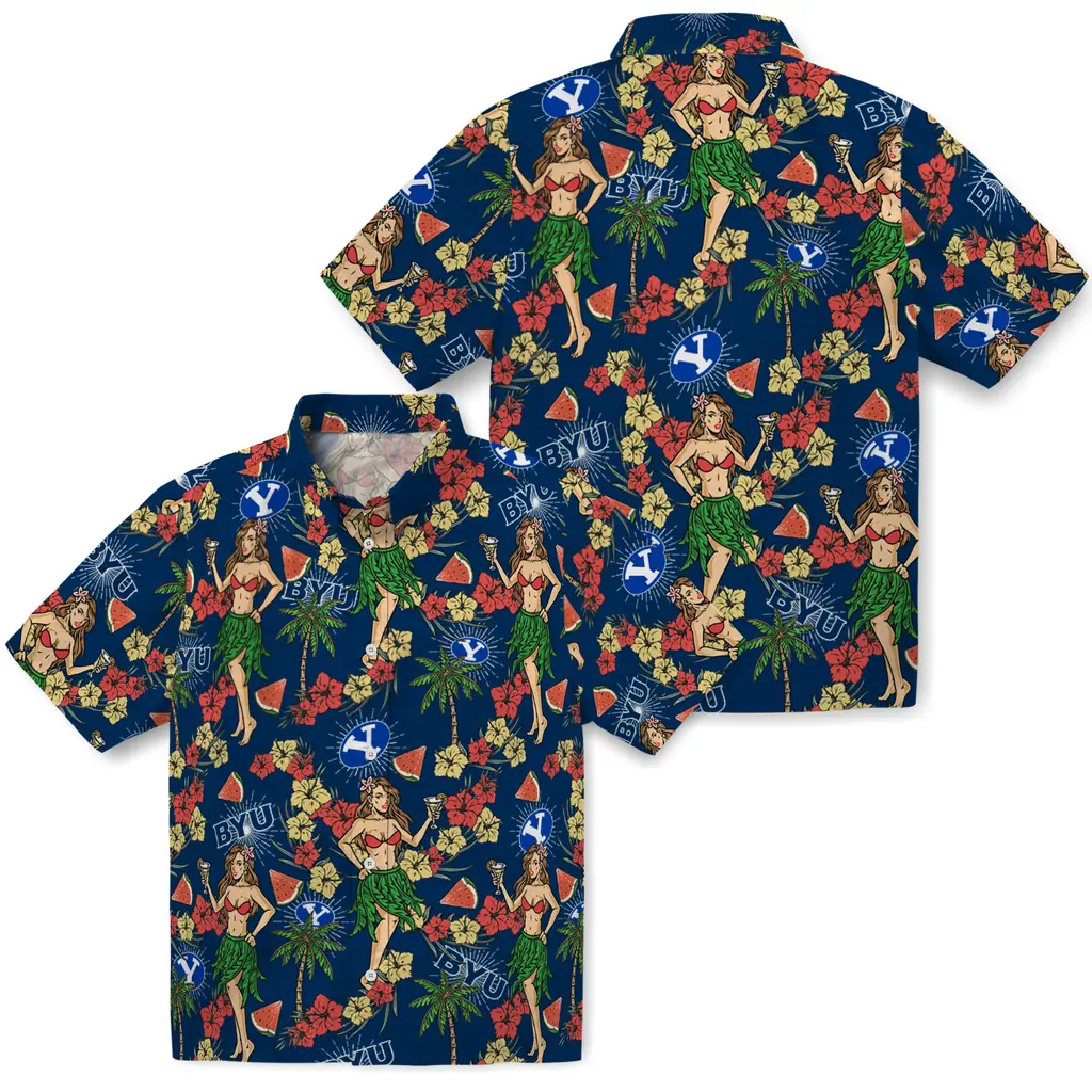 BYU Cougars Hawaiian Shirt - Hawaiian Girls Design byu cougars hawaiian girls design blue hawaiian shirts high quality