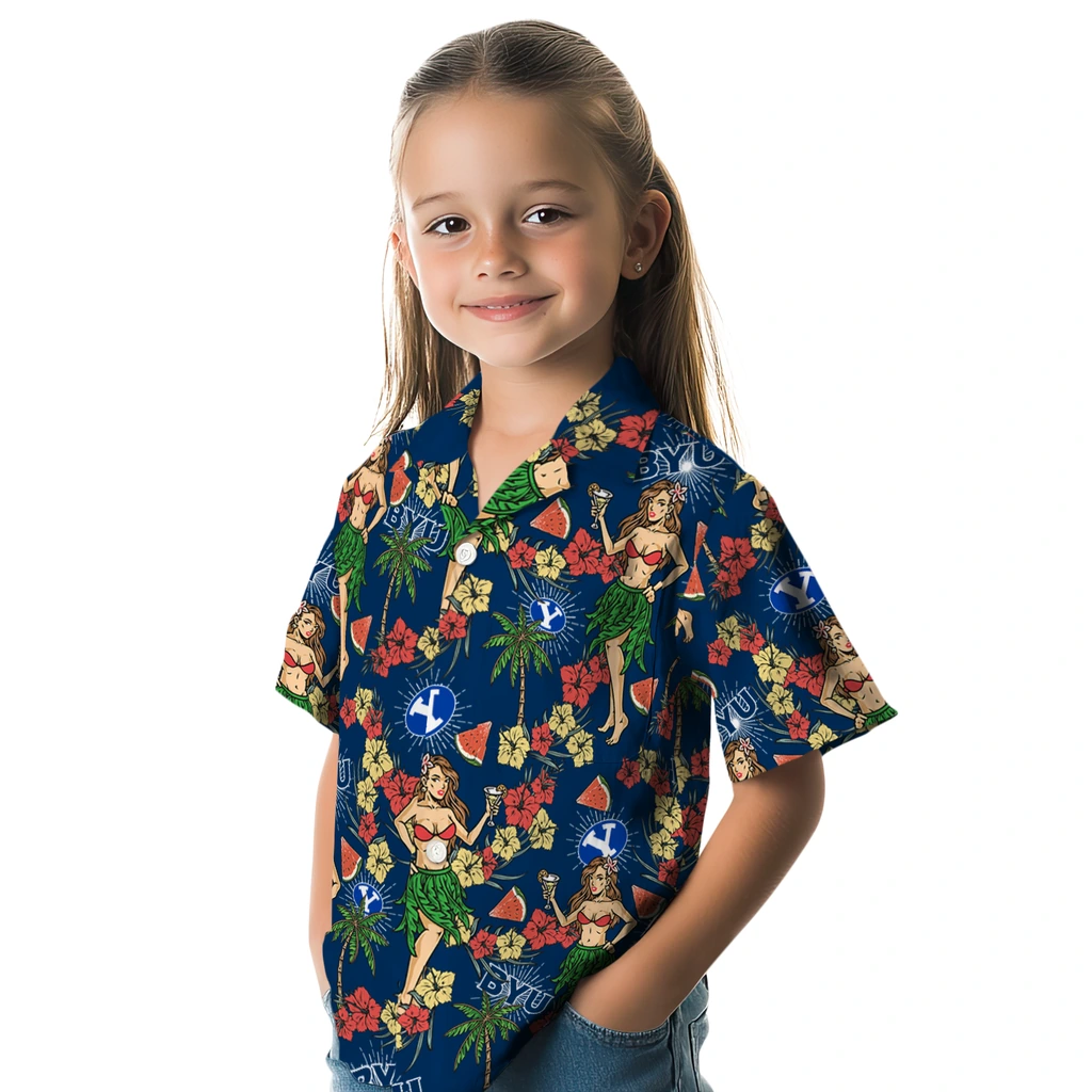 BYU Cougars Hawaiian Shirt - Hawaiian Girls Design byu cougars hawaiian girls design blue hawaiian shirts premium grade