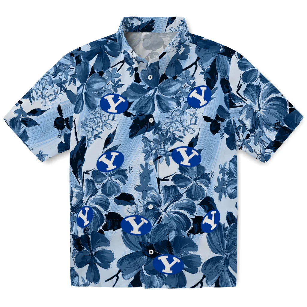 BYU Cougars Hawaiian Shirt - Hibiscus Arrangement byu cougars hibiscus arrangement blue hawaiian shirts best selling