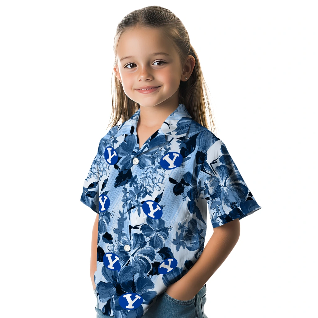 BYU Cougars Hawaiian Shirt - Hibiscus Arrangement byu cougars hibiscus arrangement blue hawaiian shirts premium grade