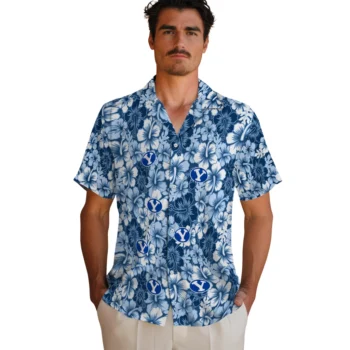 byu cougars hibiscus blooms blue hawaiian shirts fashion forward