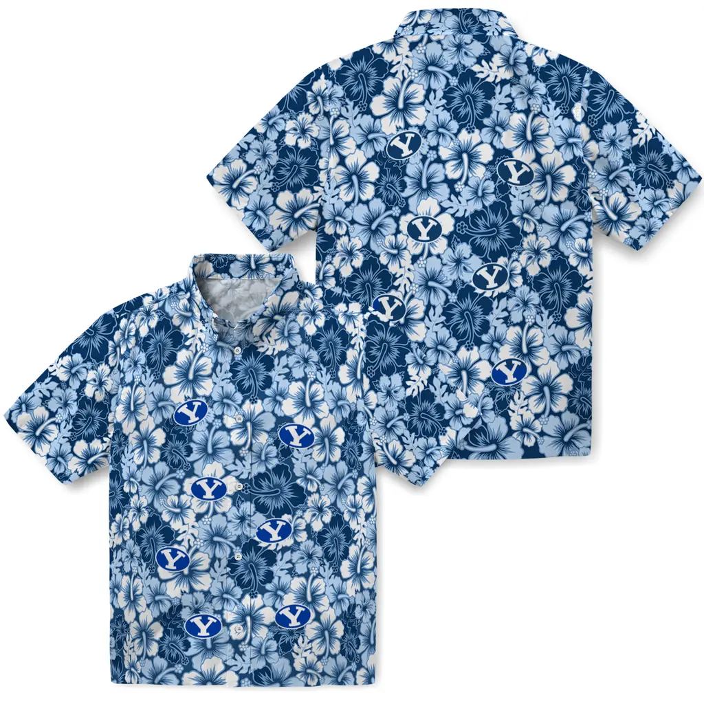 BYU Cougars Hawaiian Shirt - Hibiscus Blooms byu cougars hibiscus blooms blue hawaiian shirts high quality