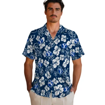 byu cougars hibiscus bloom blue hawaiian shirts fashion forward
