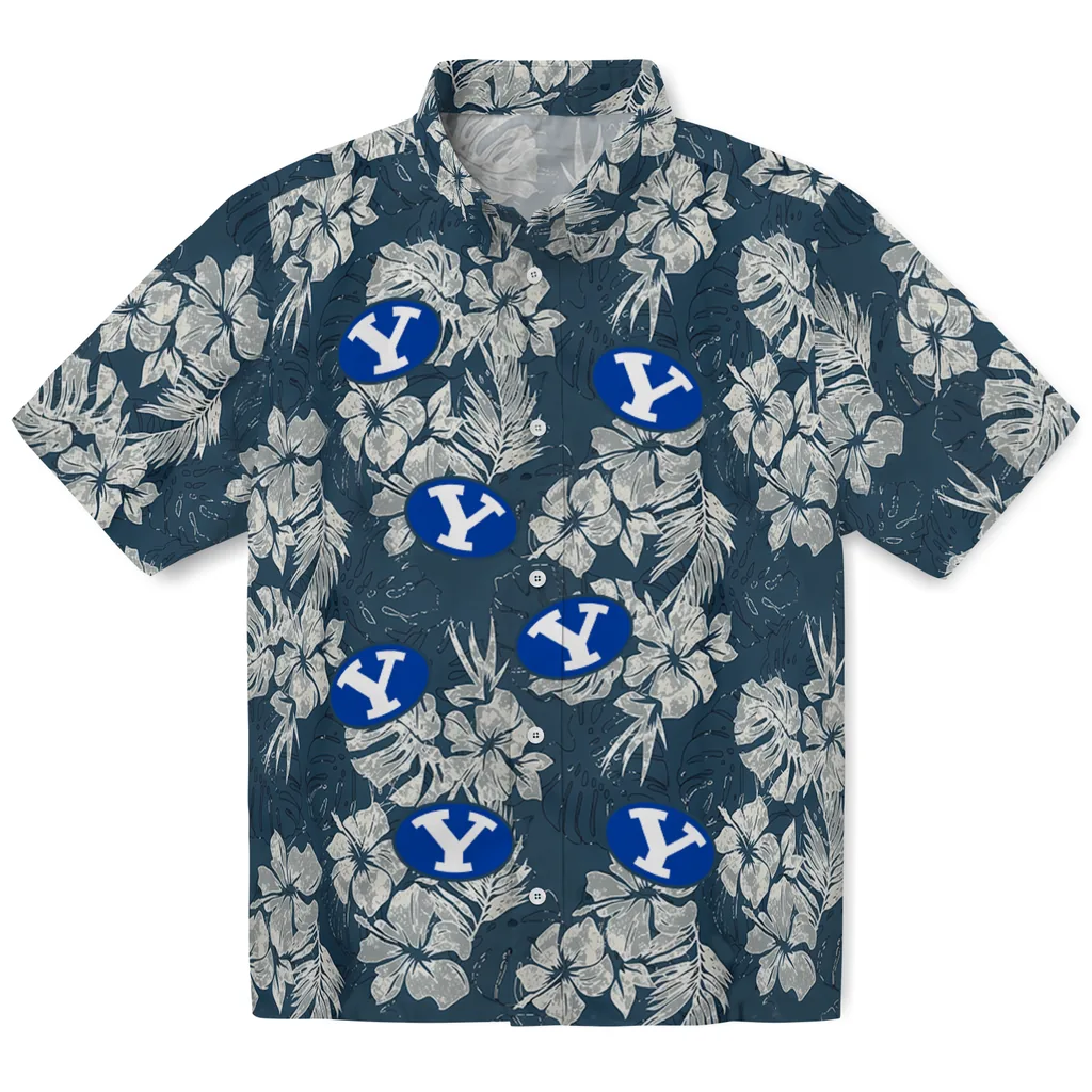 BYU Cougars Hawaiian Shirt - Hibiscus Flowers byu cougars hibiscus flowers navy blue hawaiian shirts best selling