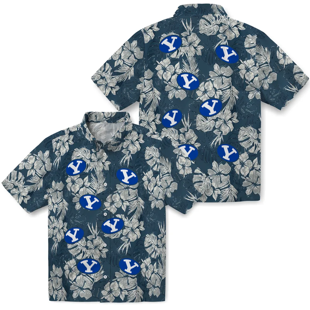 BYU Cougars Hawaiian Shirt - Hibiscus Flowers byu cougars hibiscus flowers navy blue hawaiian shirts high quality