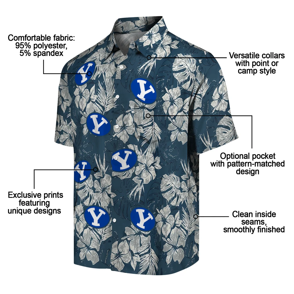 BYU Cougars Hawaiian Shirt - Hibiscus Flowers byu cougars hibiscus flowers navy blue hawaiian shirts new arrival