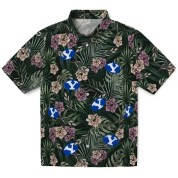 byu cougars hibiscus leaves pattern green hawaiian shirts best selling