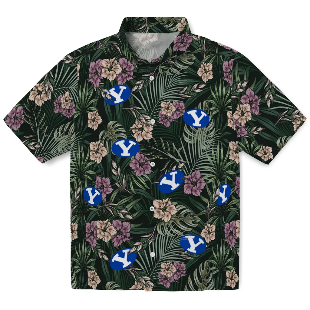 BYU Cougars Hawaiian Shirt - Hibiscus Leaves Pattern byu cougars hibiscus leaves pattern green hawaiian shirts best selling