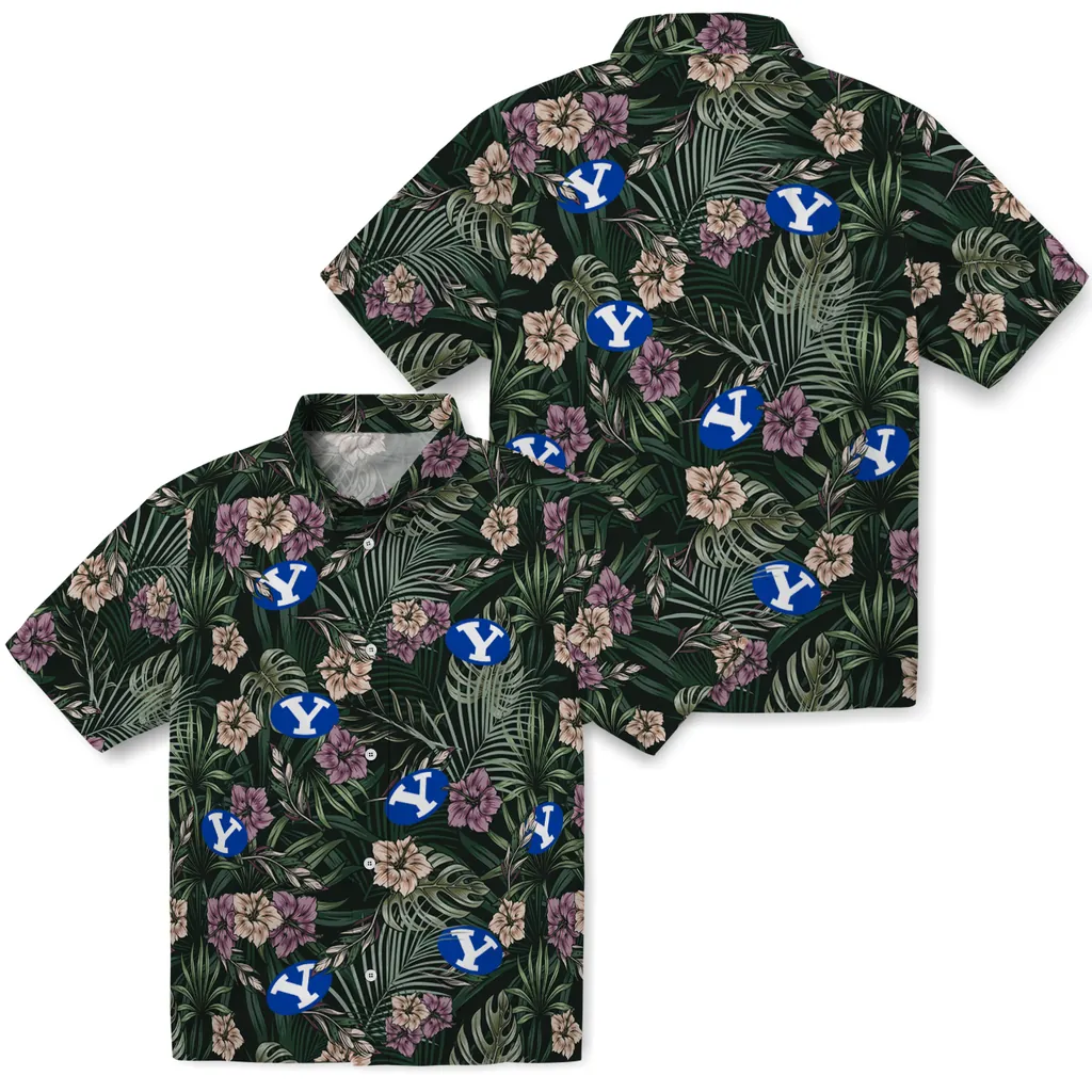 BYU Cougars Hawaiian Shirt - Hibiscus Leaves Pattern byu cougars hibiscus leaves pattern green hawaiian shirts high quality