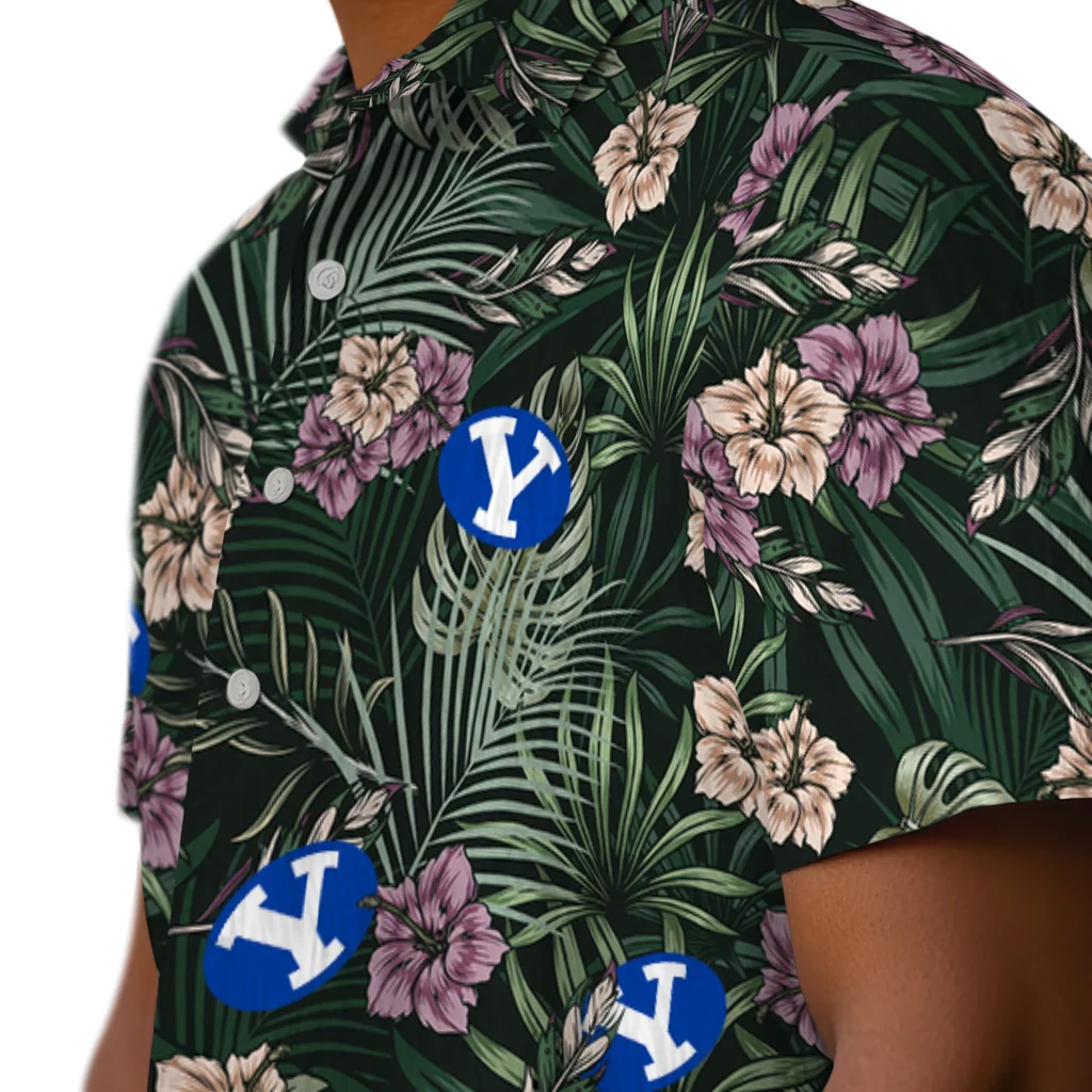 BYU Cougars Hawaiian Shirt - Hibiscus Leaves Pattern byu cougars hibiscus leaves pattern green hawaiian shirts trendy