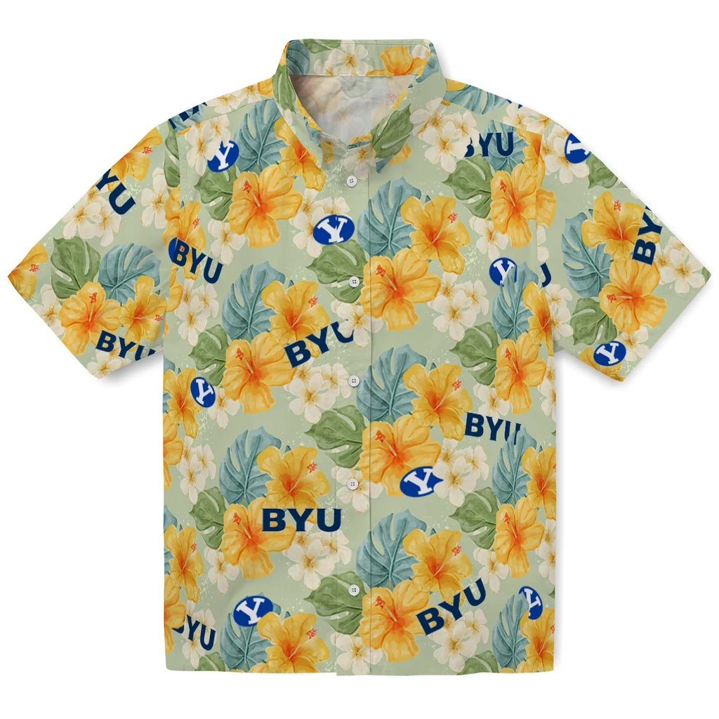 BYU Cougars Hawaiian Shirt - Hibiscus Mood byu cougars hibiscus mood pale lime yellow hawaiian shirts best selling