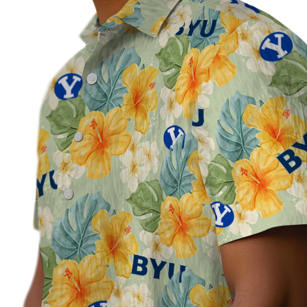 BYU Cougars Hawaiian Shirt - Hibiscus Mood byu cougars hibiscus mood pale lime yellow hawaiian shirts trendy