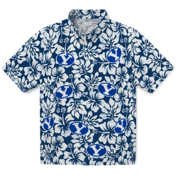 byu cougars hibiscus motif blue white hawaiian shirts best selling
