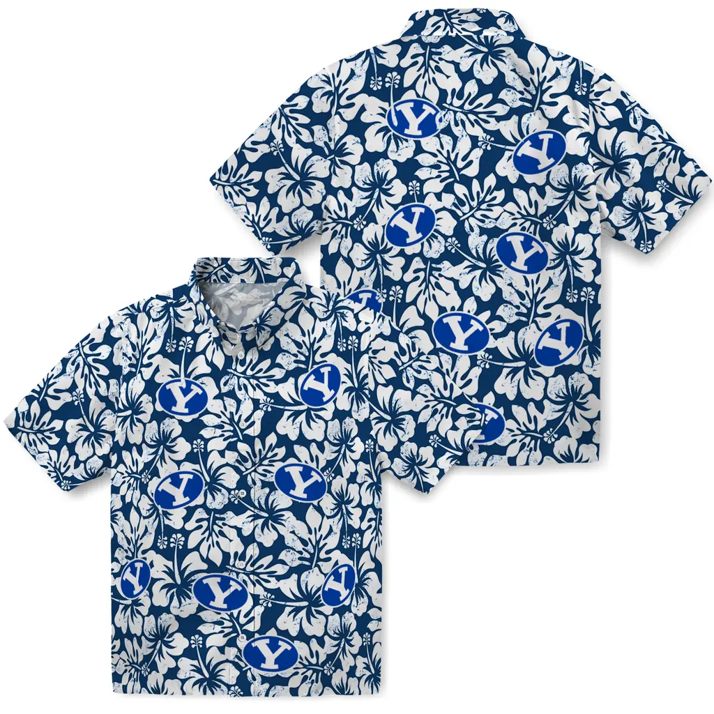 BYU Cougars Hawaiian Shirt - Hibiscus Motif byu cougars hibiscus motif blue white hawaiian shirts high quality