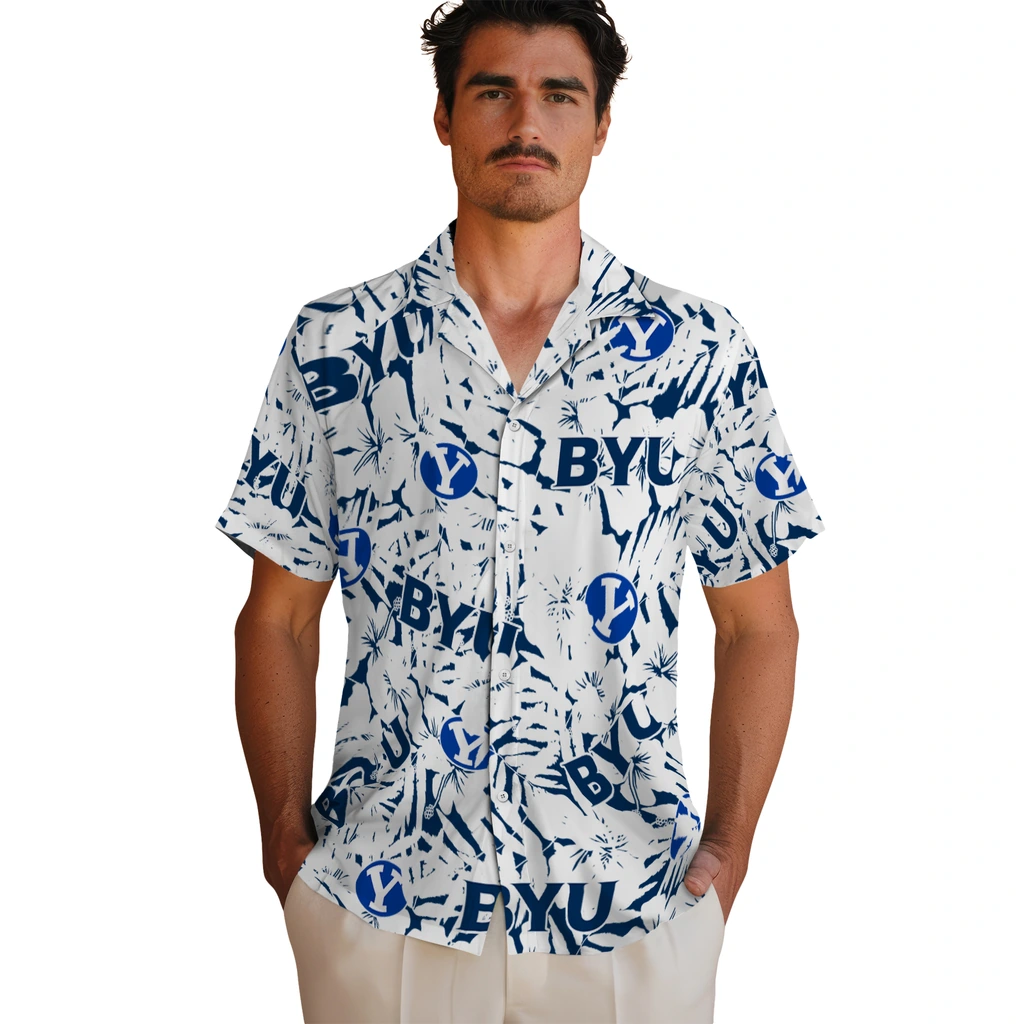 BYU Cougars Hawaiian Shirt - Hibiscus Overlay byu cougars hibiscus overlay hawaiian shirts fashion forward