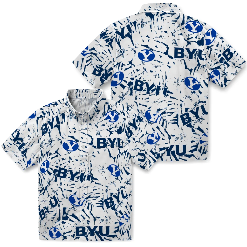 BYU Cougars Hawaiian Shirt - Hibiscus Overlay byu cougars hibiscus overlay hawaiian shirts high quality