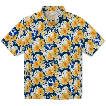 byu cougars hibiscus tropics blue yellow hawaiian shirts best selling