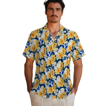 byu cougars hibiscus tropics blue yellow hawaiian shirts fashion forward