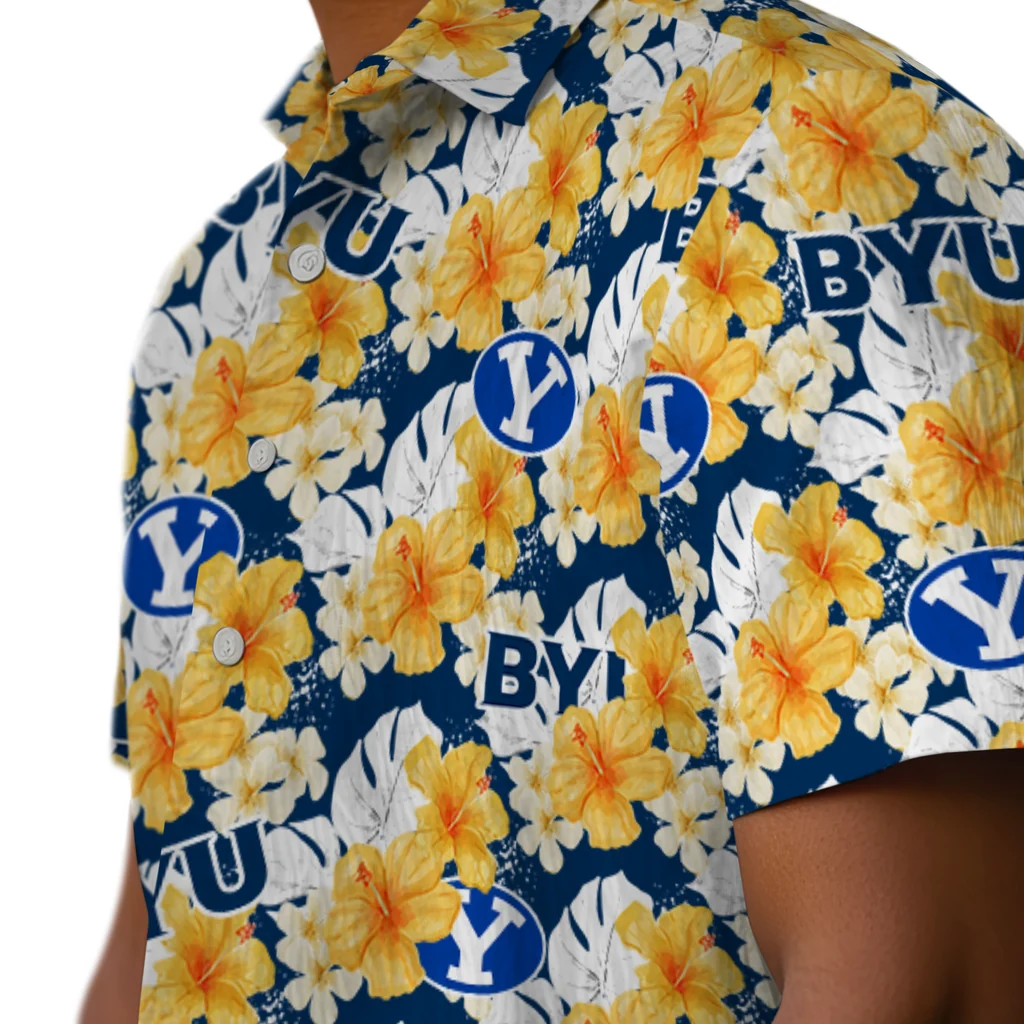 BYU Cougars Hawaiian Shirt - Hibiscus Tropics byu cougars hibiscus tropics blue yellow hawaiian shirts trendy