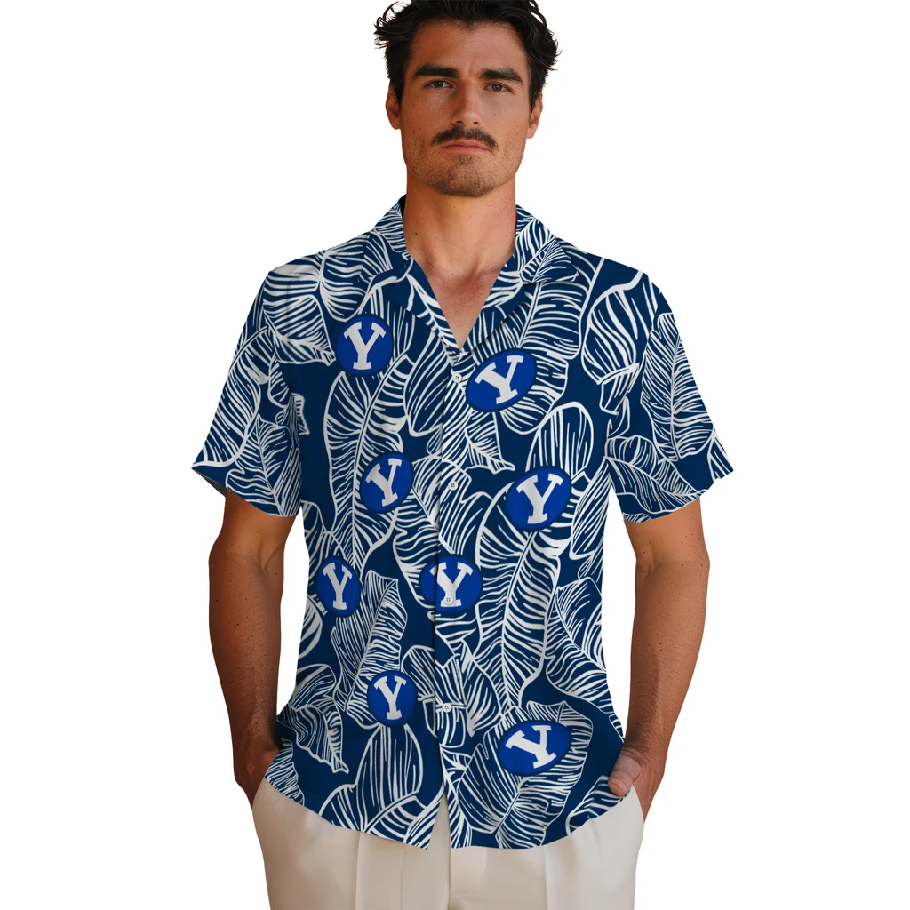 BYU Cougars Hawaiian Shirt - Leaf Outline byu cougars leaf outline blue hawaiian shirts fashion forward
