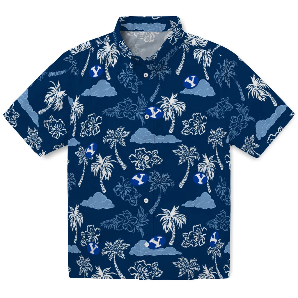 BYU Cougars Hawaiian Shirt - Palm And Clouds byu cougars palm and clouds blue hawaiian shirts best selling