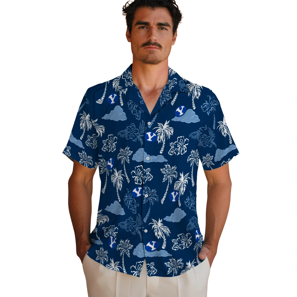 BYU Cougars Hawaiian Shirt - Palm And Clouds byu cougars palm and clouds blue hawaiian shirts fashion forward