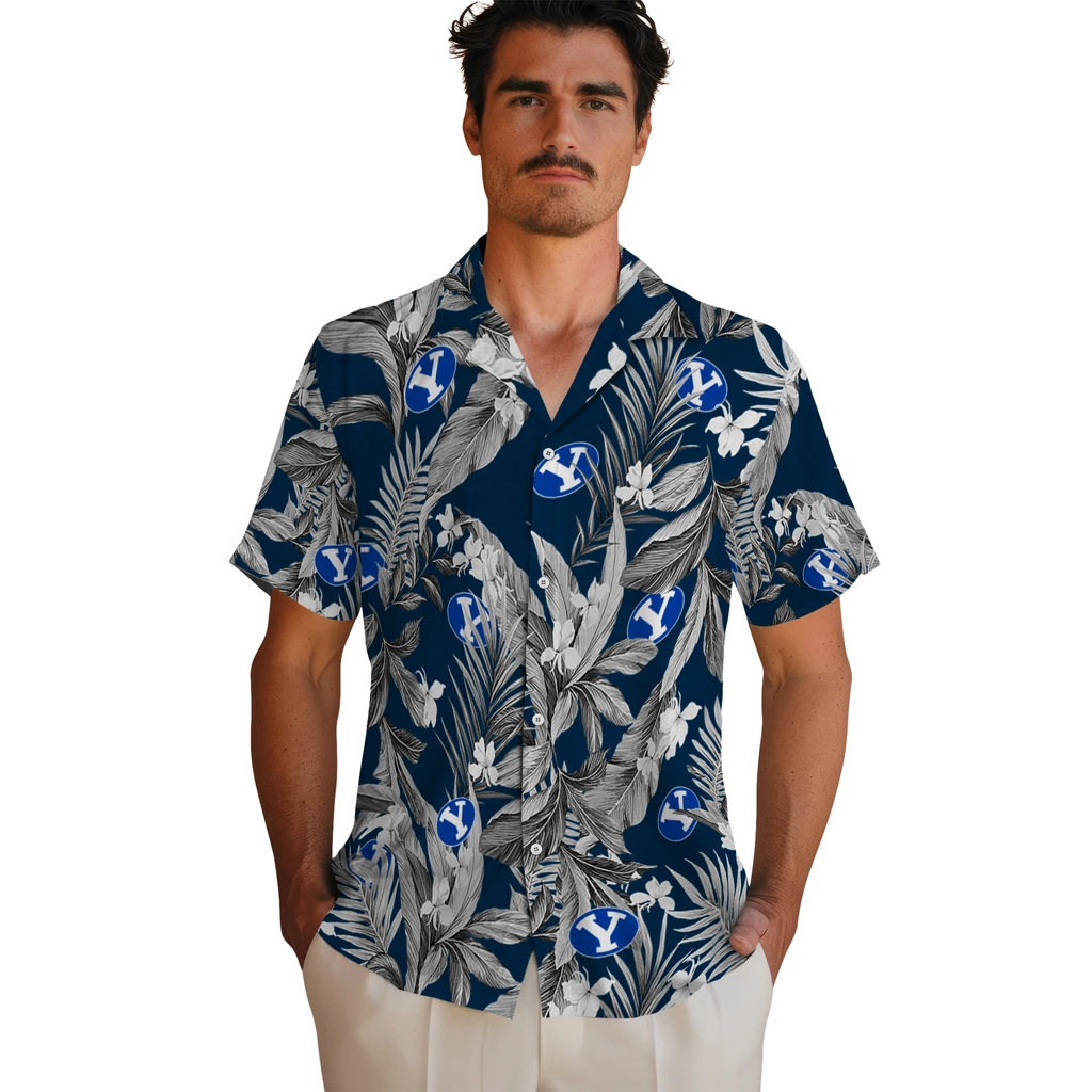 BYU Cougars Hawaiian Shirt - Palm Leaves byu cougars palm leaves blue hawaiian shirts fashion forward
