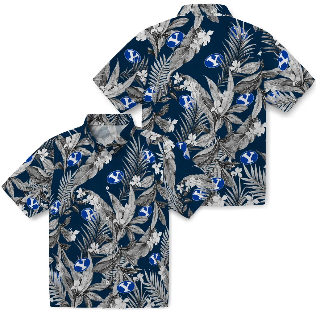 BYU Cougars Hawaiian Shirt - Palm Leaves byu cougars palm leaves blue hawaiian shirts high quality