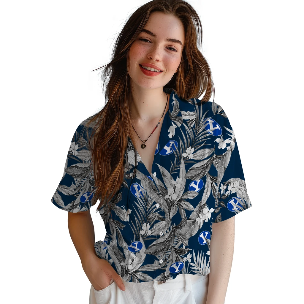 BYU Cougars Hawaiian Shirt - Palm Leaves byu cougars palm leaves blue hawaiian shirts latest model