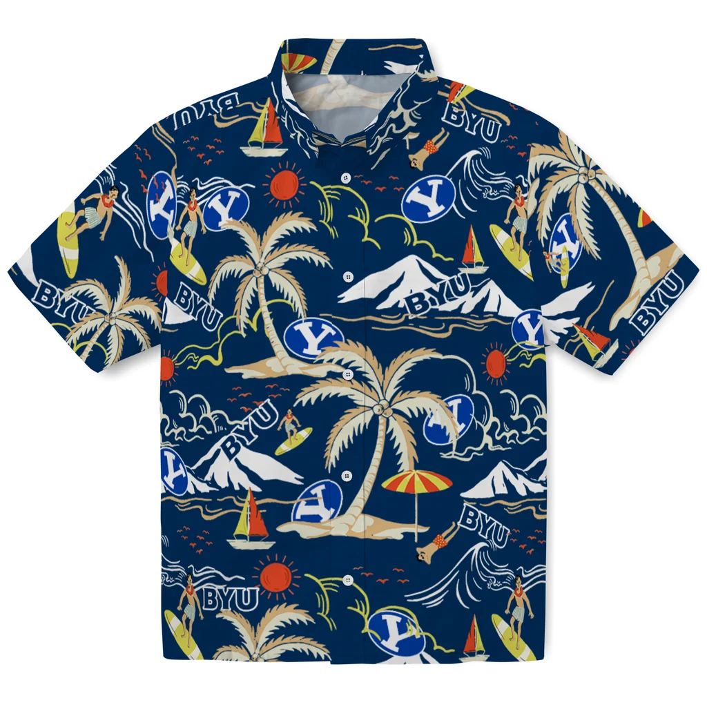 BYU Cougars Hawaiian Shirt - Palm Tree Island byu cougars palm tree island blue hawaiian shirts best selling