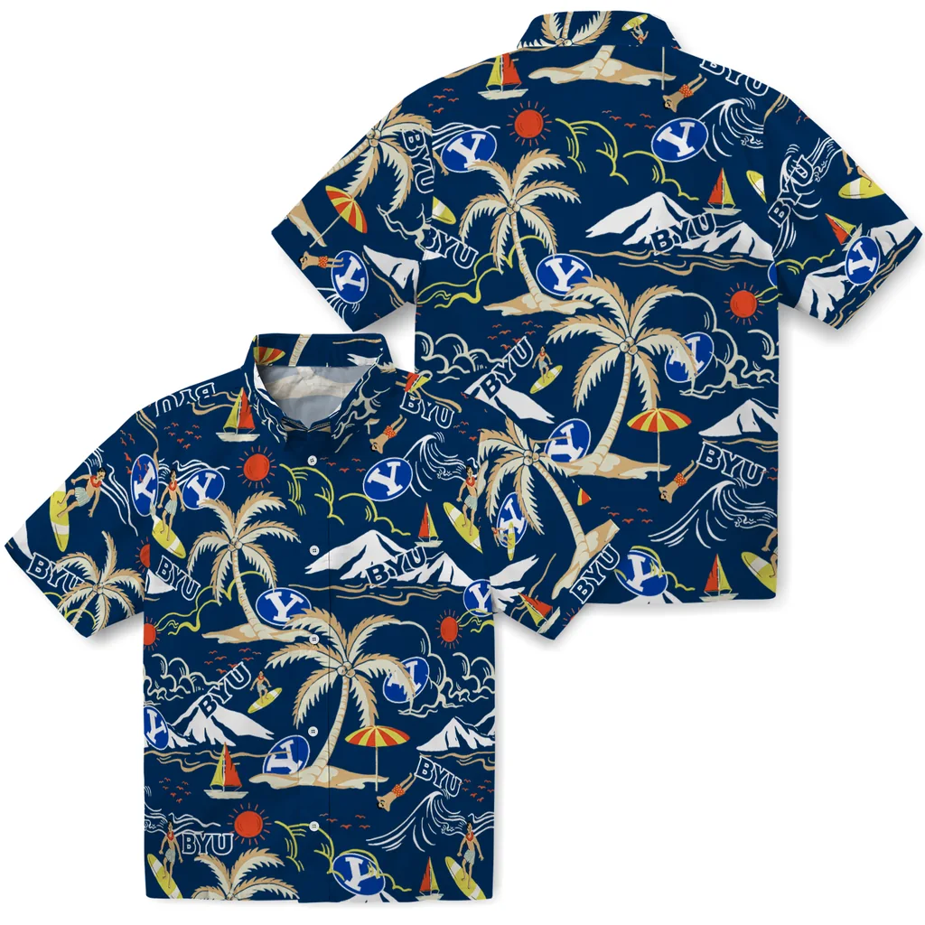 BYU Cougars Hawaiian Shirt - Palm Tree Island byu cougars palm tree island blue hawaiian shirts high quality