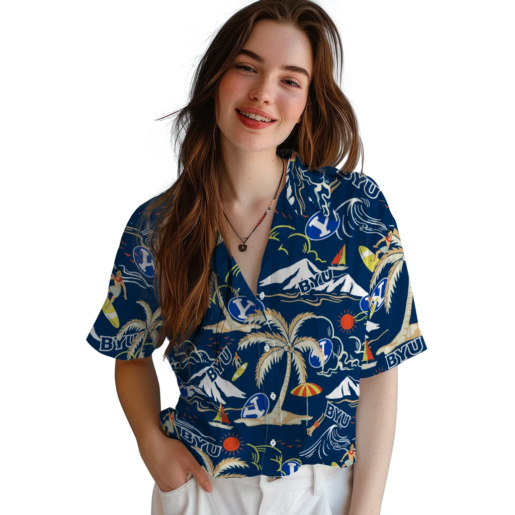 BYU Cougars Hawaiian Shirt - Palm Tree Island byu cougars palm tree island blue hawaiian shirts latest model